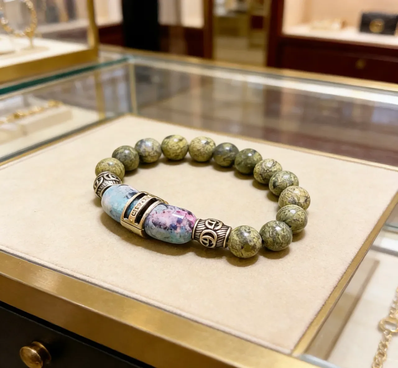 Gucci Bracelet Perles Vertes Bleues Elastiques Pierres Mottelees 5