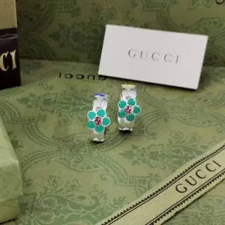 Gucci Green Red Floral Enamel Hoop-Style Earrings