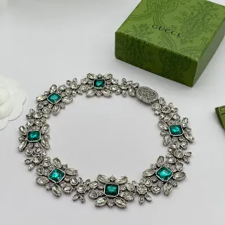 Gucci Green Silver Floral-Cluster Emerald-Cut Stones Necklace