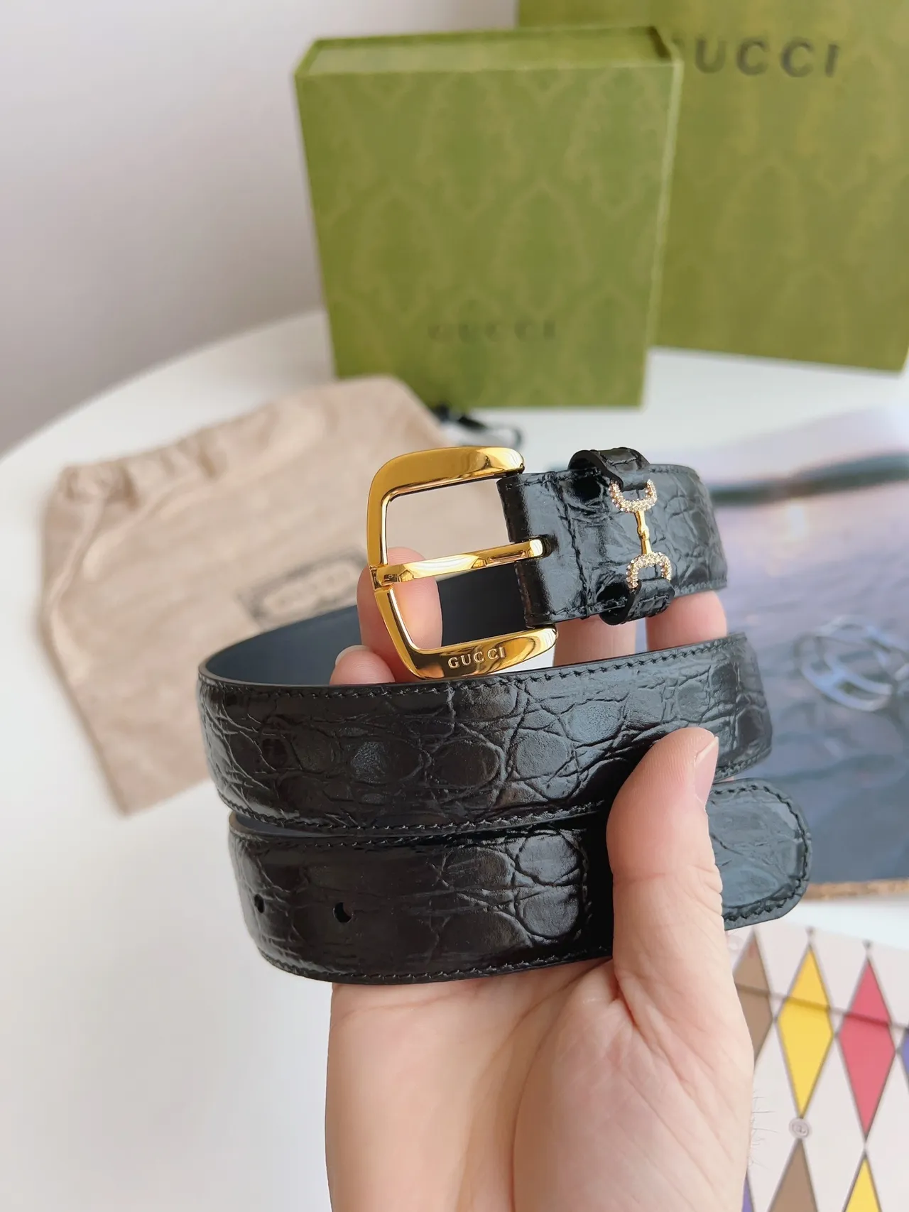 Gucci Horsebit 1955 Black Croc-Embossed Leather Belt 2
