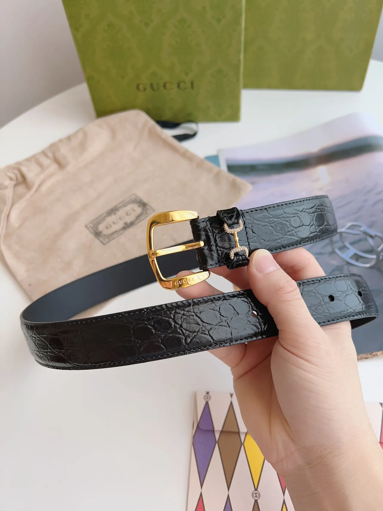 Gucci Horsebit 1955 Black Croc-Embossed Leather Belt 5