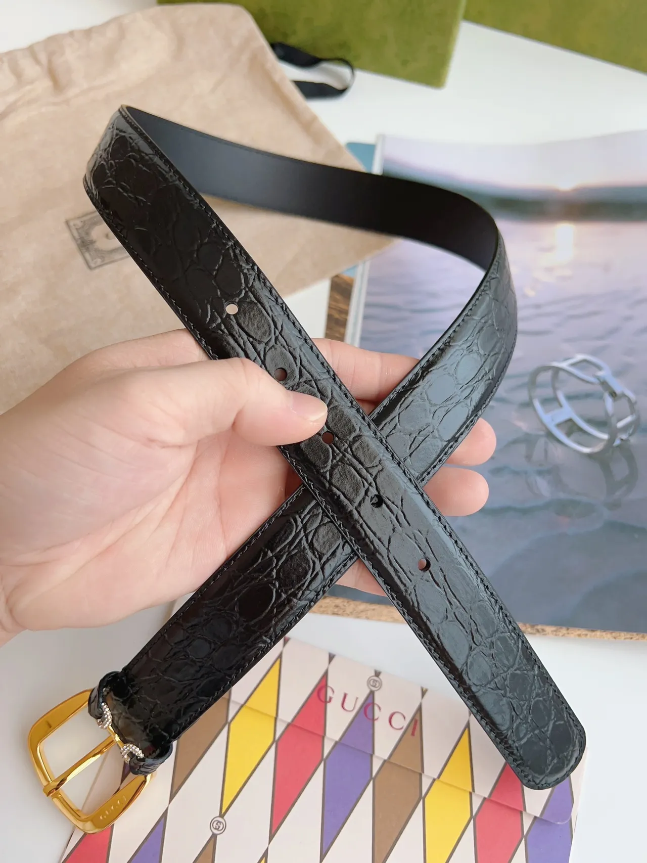 Gucci Horsebit 1955 Black Croc-Embossed Leather Belt 6