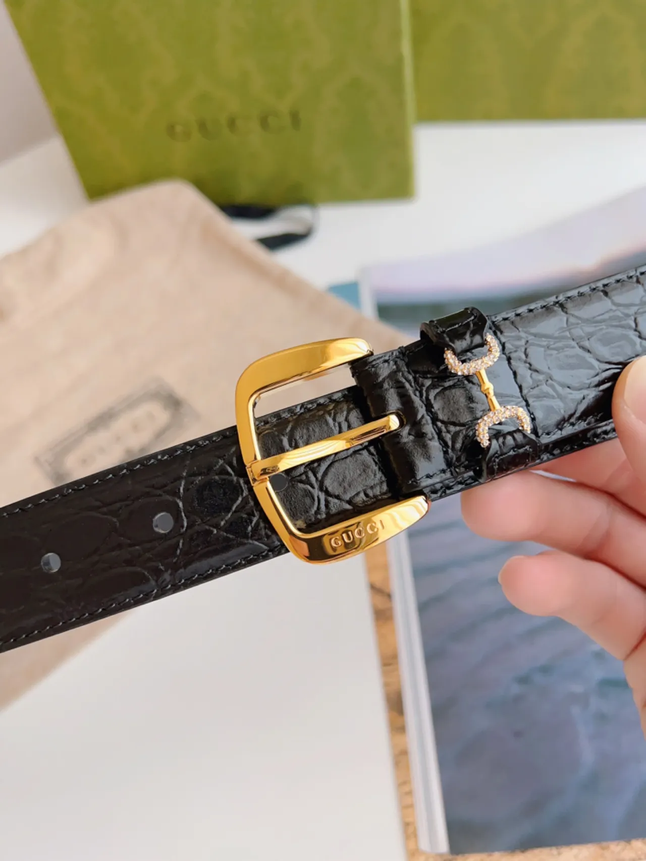 Gucci Horsebit 1955 Black Croc-Embossed Leather Belt 7
