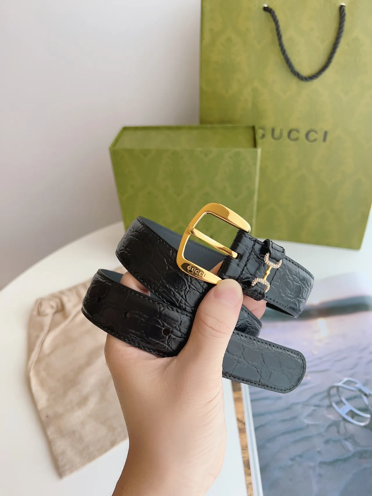 Gucci Horsebit 1955 Black Croc-Embossed Leather Belt 9
