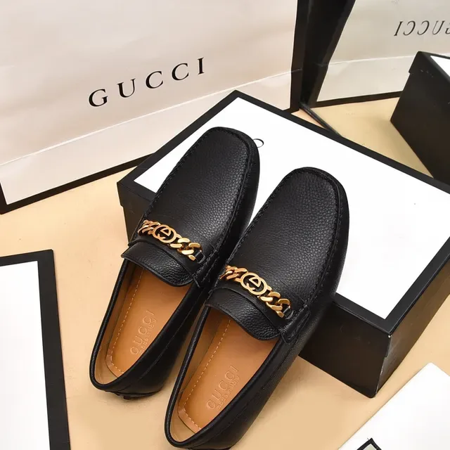 Gucci Horsebit 1955 Black Pebbled Leather Gold Chain Loafers 3