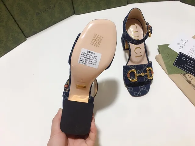 Gucci Horsebit 1955 Blue Gold GG Monogram Denim Buckle Block Heel 2