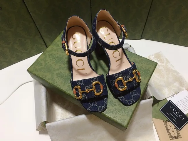 Gucci Horsebit 1955 Blue Gold GG Monogram Denim Buckle Block Heel 3