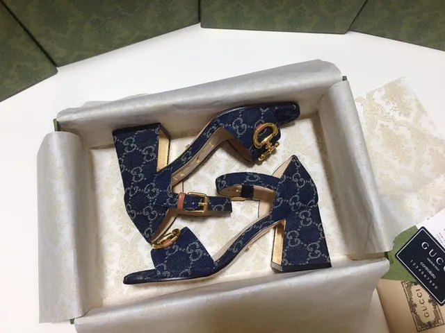 Gucci Horsebit 1955 Blue Gold GG Monogram Denim Buckle Block Heel 6
