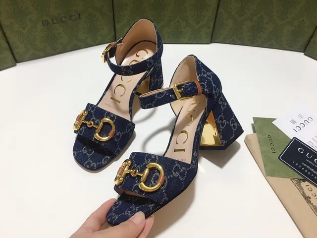 Gucci Horsebit 1955 Blue Gold GG Monogram Denim Buckle Block Heel 7
