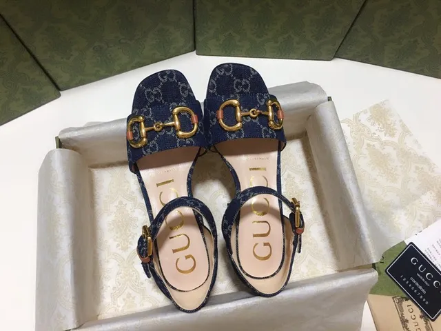 Gucci Horsebit 1955 Blue Gold GG Monogram Denim Buckle Block Heel 8