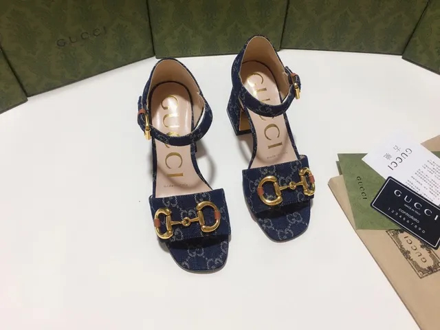 Gucci Horsebit 1955 Blue Gold GG Monogram Denim Buckle Block Heel 9