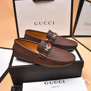 Gucci Horsebit 1955 भूरी पेबल्ड लेदर वेब स्ट्रैप लोफर्स