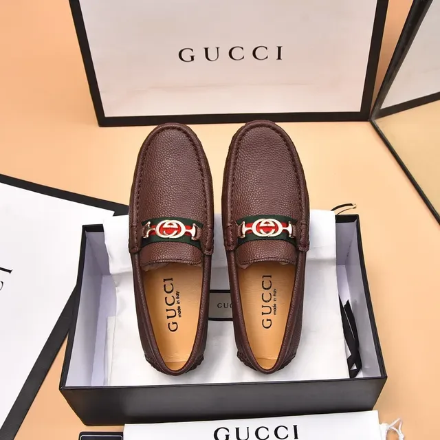 Gucci Horsebit 1955 Brown Pebbled Leather Web Strap Loafers 3