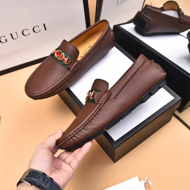 Gucci Horsebit 1955 Brown Pebbled Leather Web Strap Loafers 4