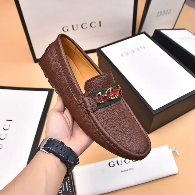 Gucci Horsebit 1955 Brown Pebbled Leather Web Strap Loafers 5