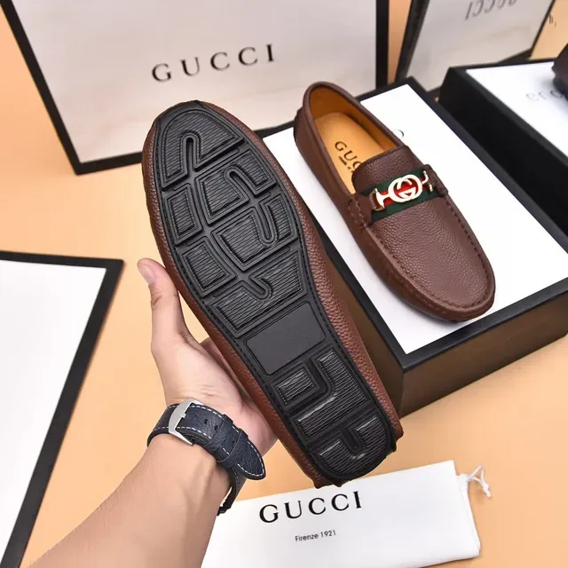 Gucci Horsebit 1955 Brown Pebbled Leather Web Strap Loafers 7