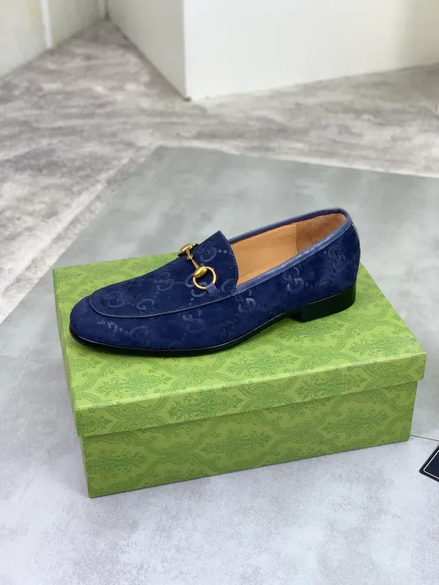 Gucci Horsebit 1955 Navy Blue Embossed GG Suede Loafers 4