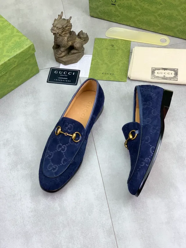 Gucci Horsebit 1955 Navy Blue Embossed GG Suede Loafers 5
