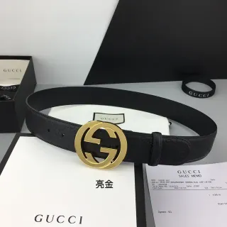 Gucci Interlocking G Belt Black Gold Embossed GG Monogram Large Circular Buckle Leather Belt