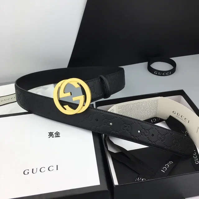 Gucci Interlocking G Belt Black Gold Embossed GG Monogram Large Circular Buckle Leather Belt 2