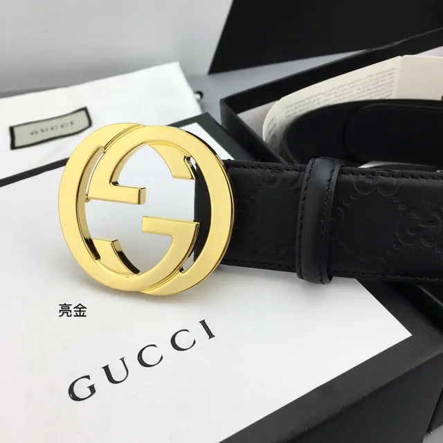 Gucci Interlocking G Belt Black Gold Embossed GG Monogram Large Circular Buckle Leather Belt 3