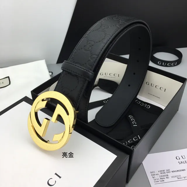 Gucci Interlocking G Belt Black Gold Embossed GG Monogram Large Circular Buckle Leather Belt 4