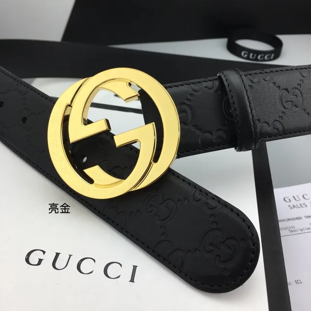 Gucci Interlocking G Belt Black Gold Embossed GG Monogram Large Circular Buckle Leather Belt 5