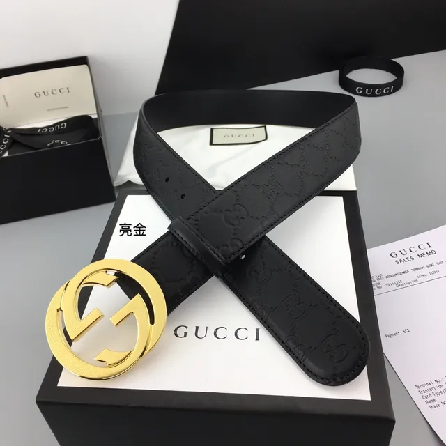 Gucci Interlocking G Belt Black Gold Embossed GG Monogram Large Circular Buckle Leather Belt 6