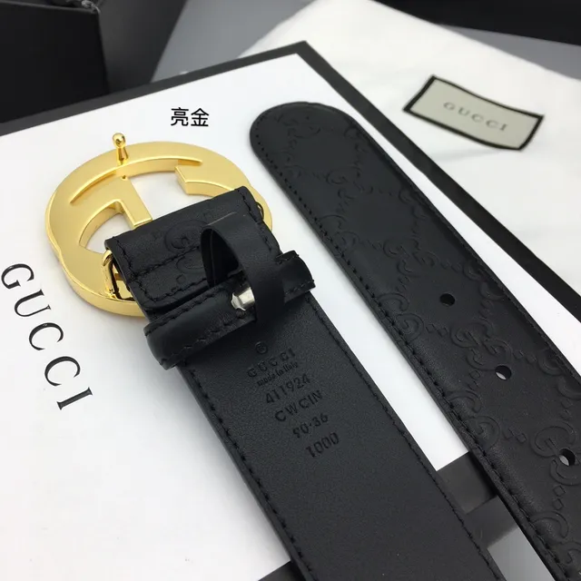 Gucci Interlocking G Belt Black Gold Embossed GG Monogram Large Circular Buckle Leather Belt 8