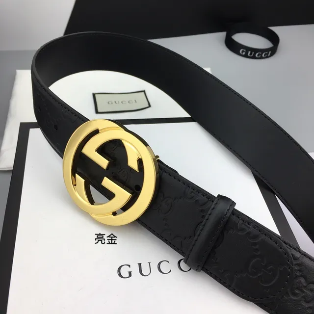 Gucci Interlocking G Belt Black Gold Embossed GG Monogram Large Circular Buckle Leather Belt 9