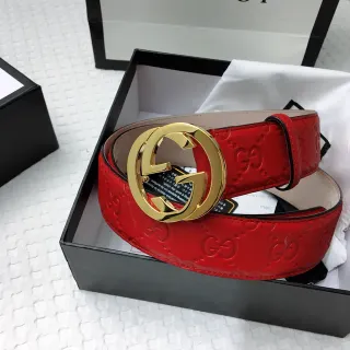 Gucci Interlocking G বেল্ট লাল সোনা এমবসড GG মনোগ্রাম বাকেল লেদার বেল্ট