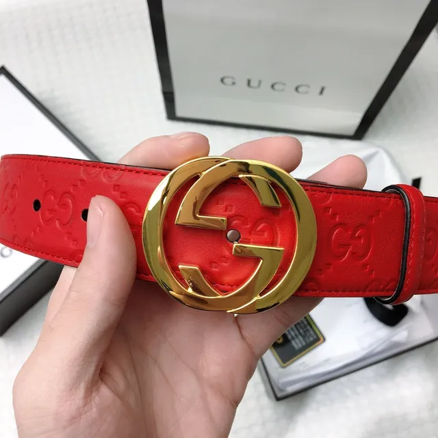 Gucci Interlocking G Belt Red Gold Embossed GG Monogram Buckle Leather Belt 2