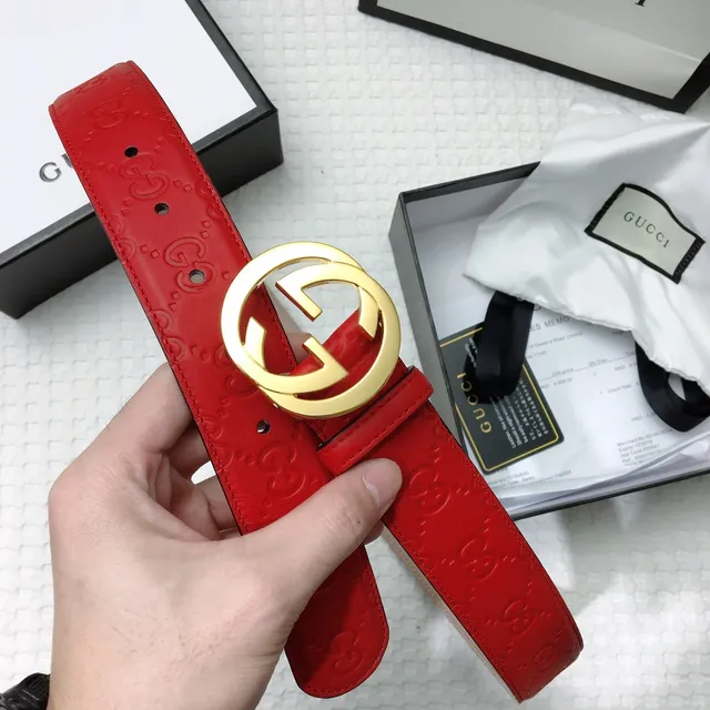 Gucci Interlocking G Belt Red Gold Embossed GG Monogram Buckle Leather Belt 4