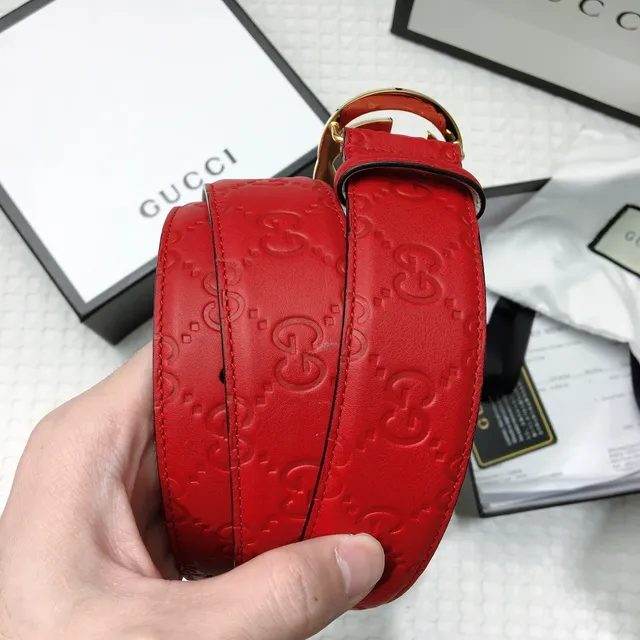 Gucci Interlocking G Belt Red Gold Embossed GG Monogram Buckle Leather Belt 5