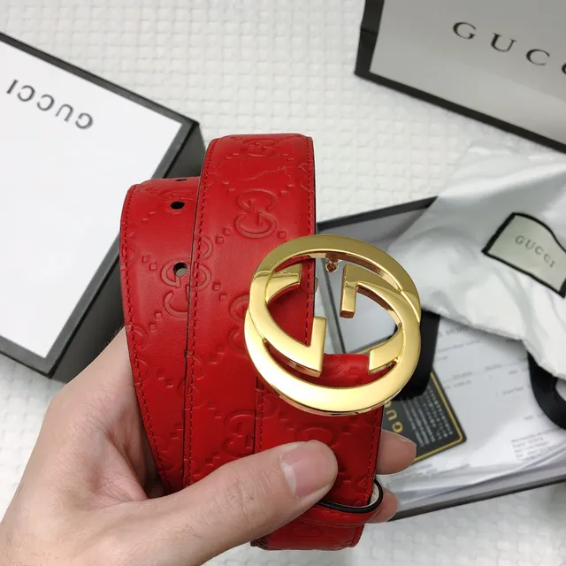 Gucci Interlocking G Belt Red Gold Embossed GG Monogram Buckle Leather Belt 6