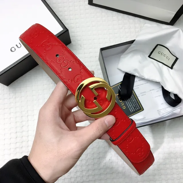 Gucci Interlocking G Belt Red Gold Embossed GG Monogram Buckle Leather Belt 7
