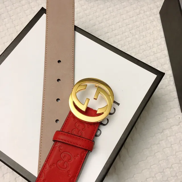 Gucci Interlocking G Belt Red Gold Embossed GG Monogram Buckle Leather Belt 8