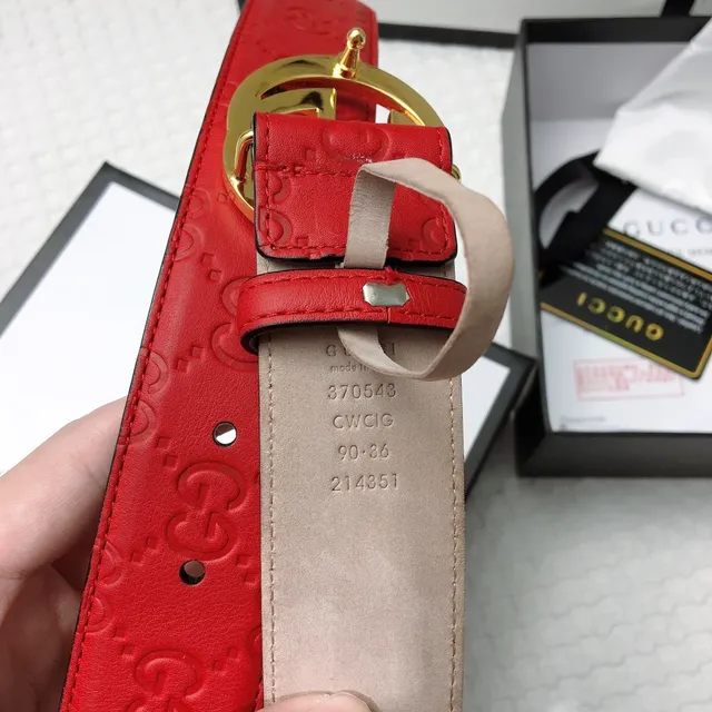 Gucci Interlocking G Belt Red Gold Embossed GG Monogram Buckle Leather Belt 9