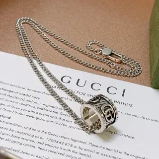 Gucci Interlocking G Ring Pendant Silver-Tone Curb Chain Necklace