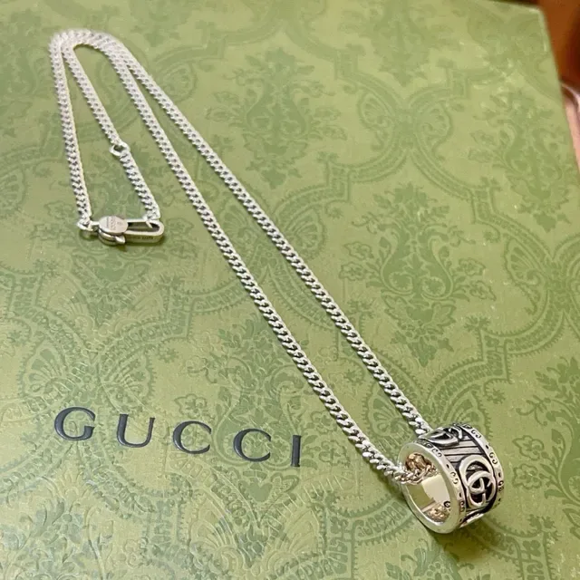 Gucci Interlocking G Ring Pendant Silver-Tone Curb Chain Necklace 4