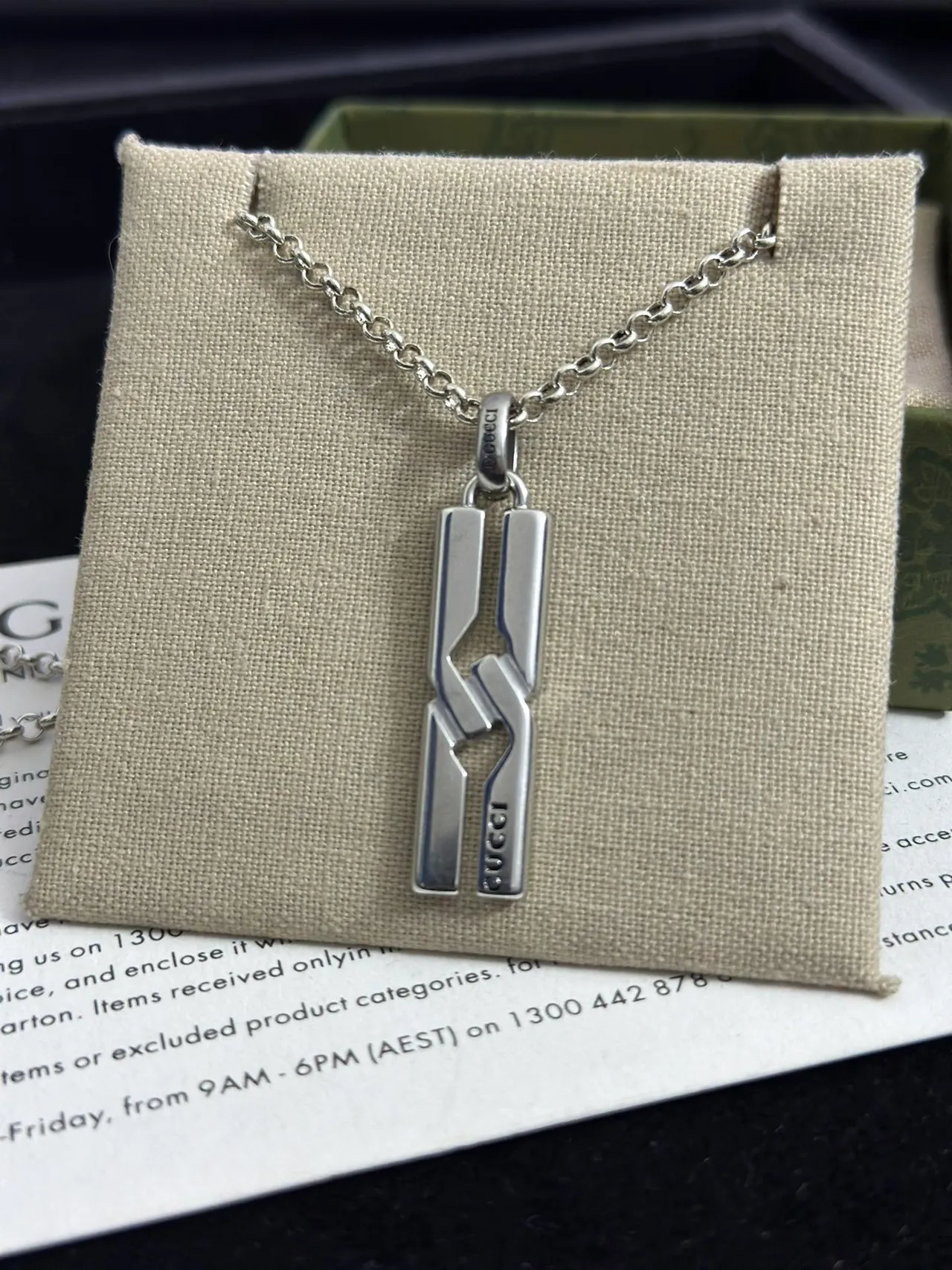Gucci Interlocking Geometric Pendant Silver Beige Cutout Vertical Engraving Necklace 2