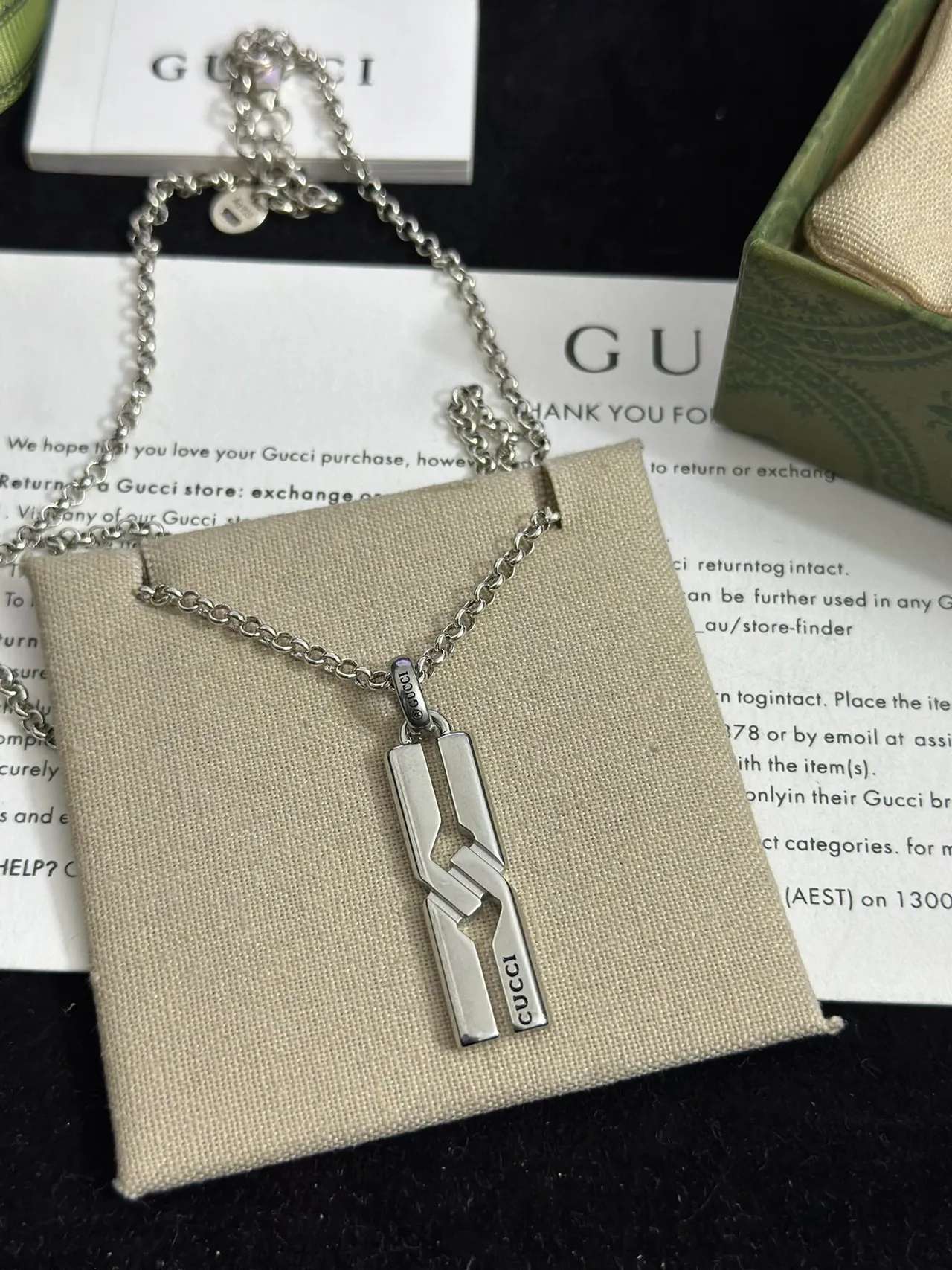 Gucci Interlocking Geometric Pendant Silver Beige Cutout Vertical Engraving Necklace 3