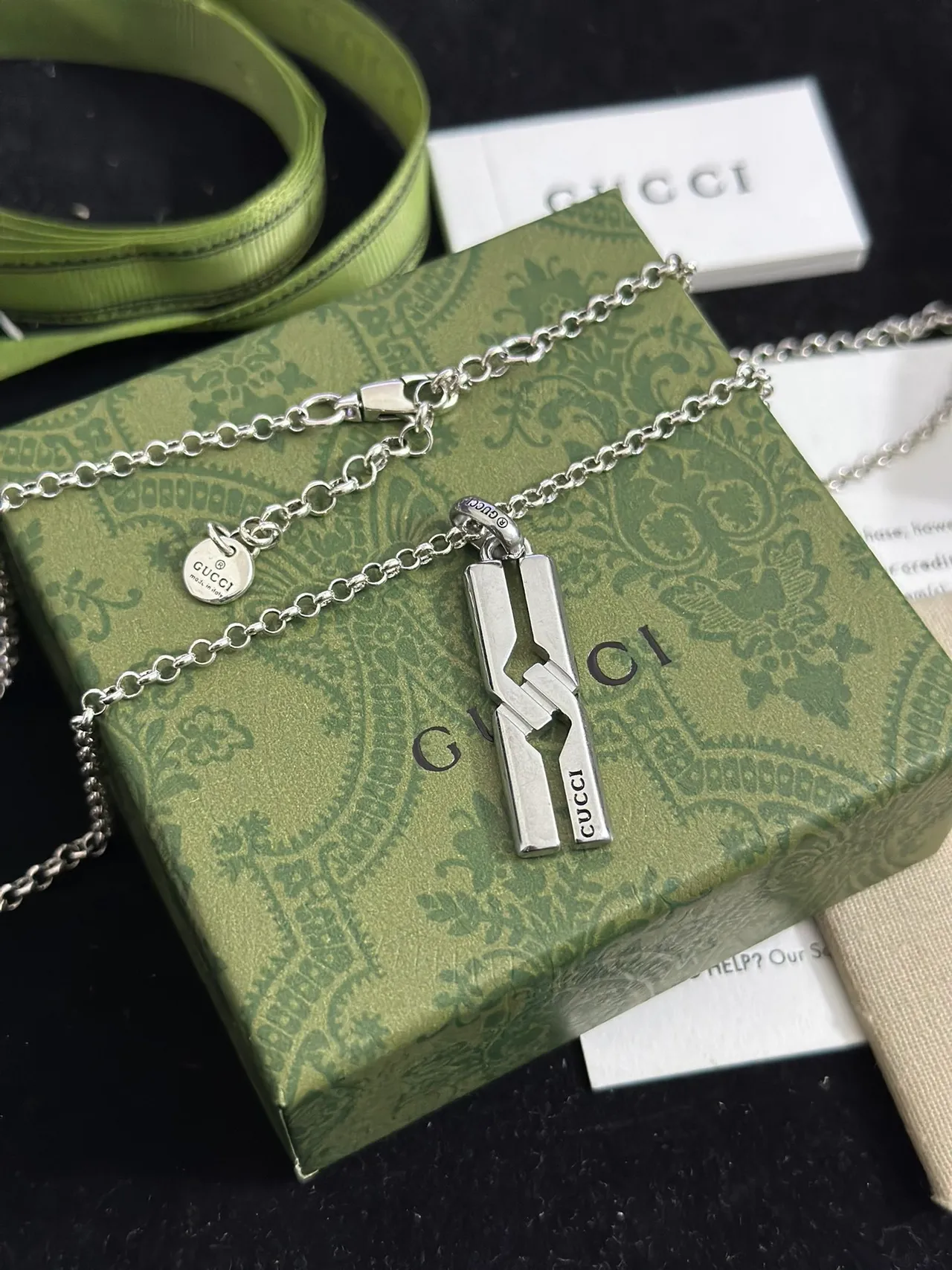 Gucci Interlocking Geometric Pendant Silver Beige Cutout Vertical Engraving Necklace 4