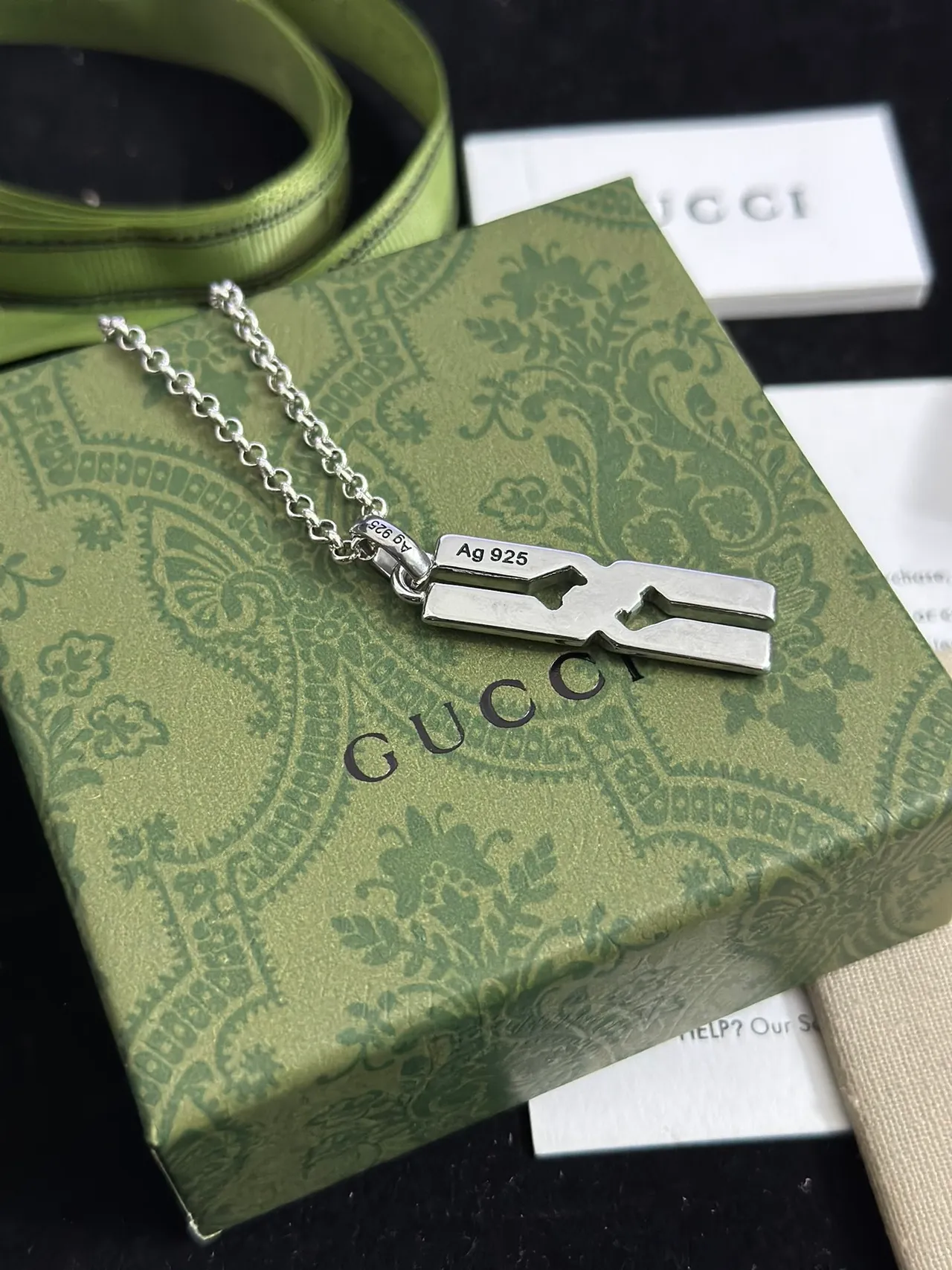 Gucci Interlocking Geometric Pendant Silver Beige Cutout Vertical Engraving Necklace 5