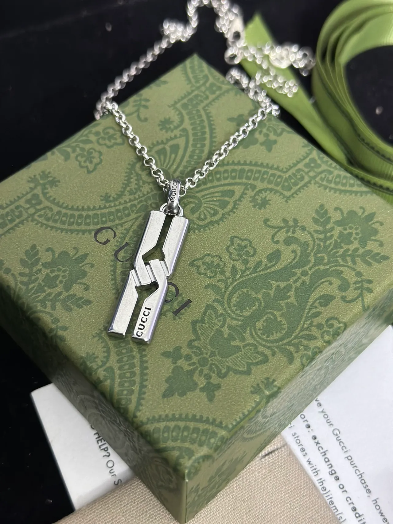 Gucci Interlocking Geometric Pendant Silver Beige Cutout Vertical Engraving Necklace 6