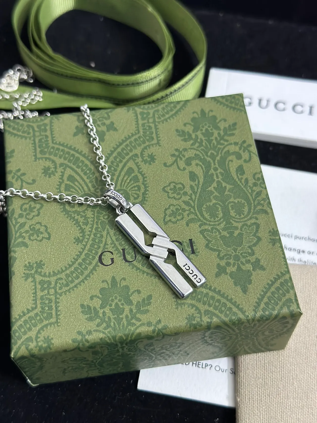 Gucci Interlocking Geometric Pendant Silver Beige Cutout Vertical Engraving Necklace 7