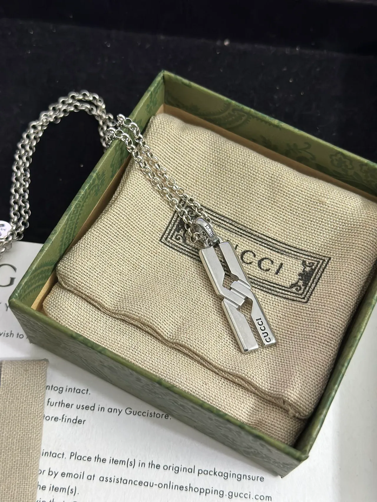 Gucci Interlocking Geometric Pendant Silver Beige Cutout Vertical Engraving Necklace 8