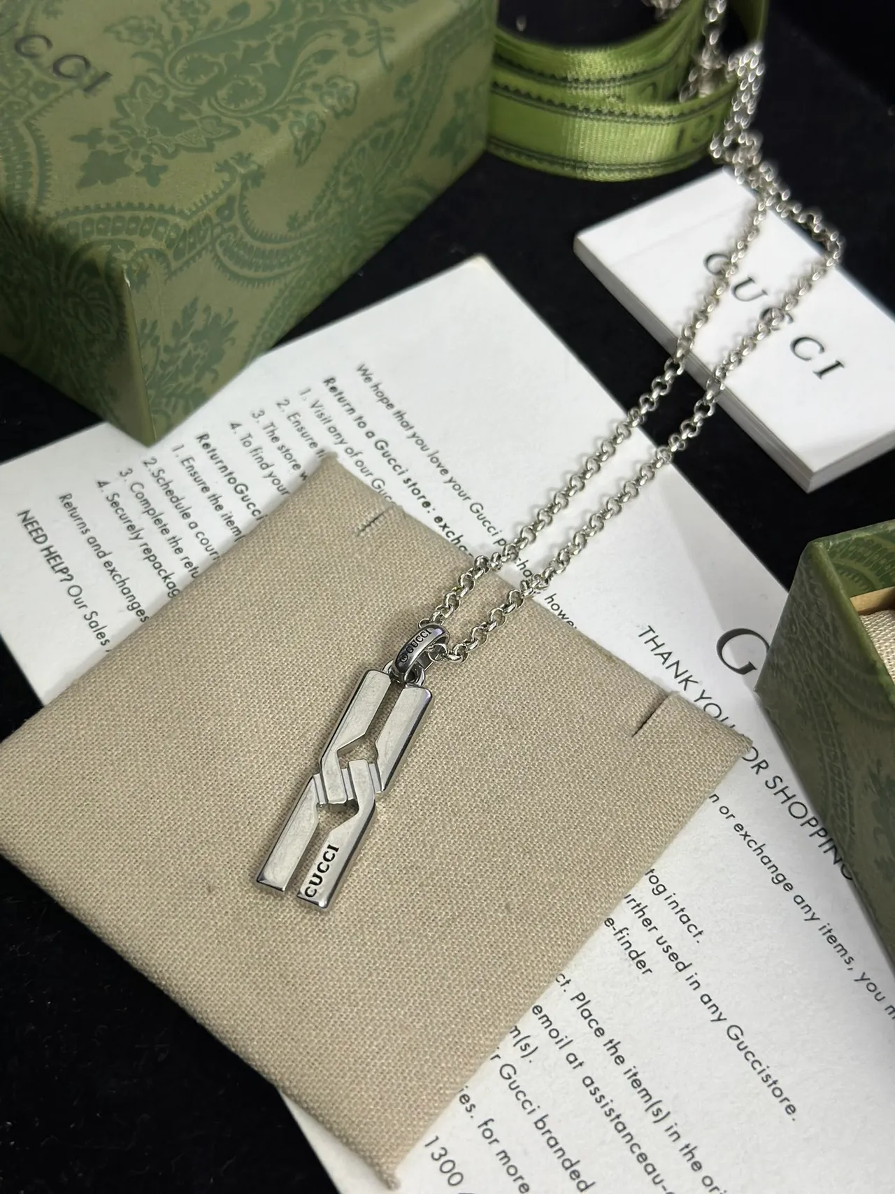 Gucci Interlocking Geometric Pendant Silver Beige Cutout Vertical Engraving Necklace 9