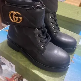 Gucci Le Cagole Black Leather Gold Double G Ankle Boots