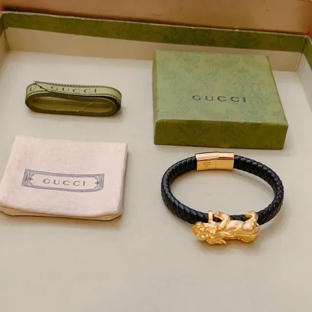 Gucci Lion Head Braided Leather Black and Gold Bracelet 8